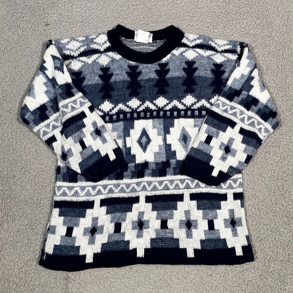 Vintage JJ Poole Sweater Women's Pullover Knit Blue Native Aztec 90s 80s USA M
